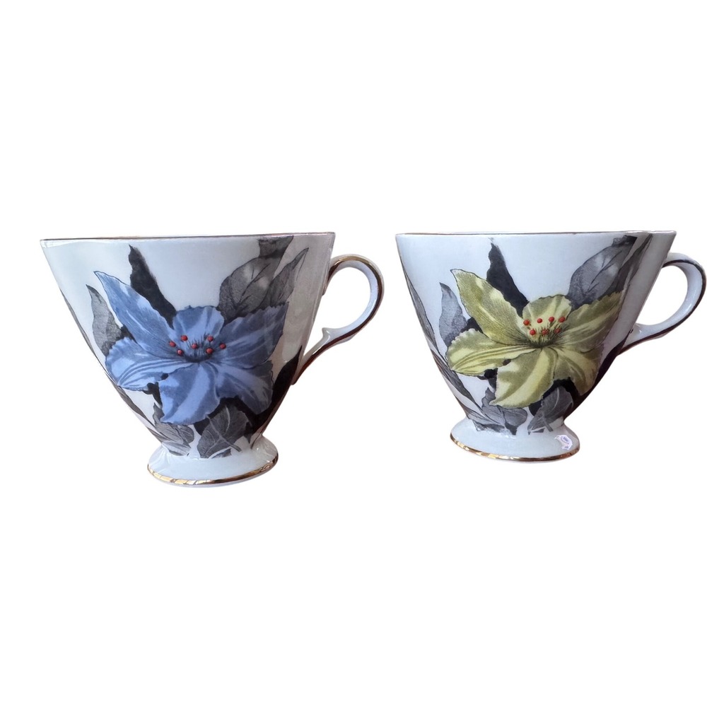 Windsor Bone China Tea Cups Set of 2 Blue Yellow Floral Gold Trim 1950's England